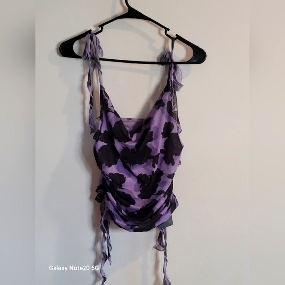 SHEIN X, purple and black ruched tank top w/ruffle ties. NWT. Size Medium. - Picture 3 of 7